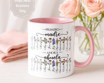 Birth Flower Abuela Grandma Mug, Gift for Extended Families, Personalized Names, 11oz Coffee Cup