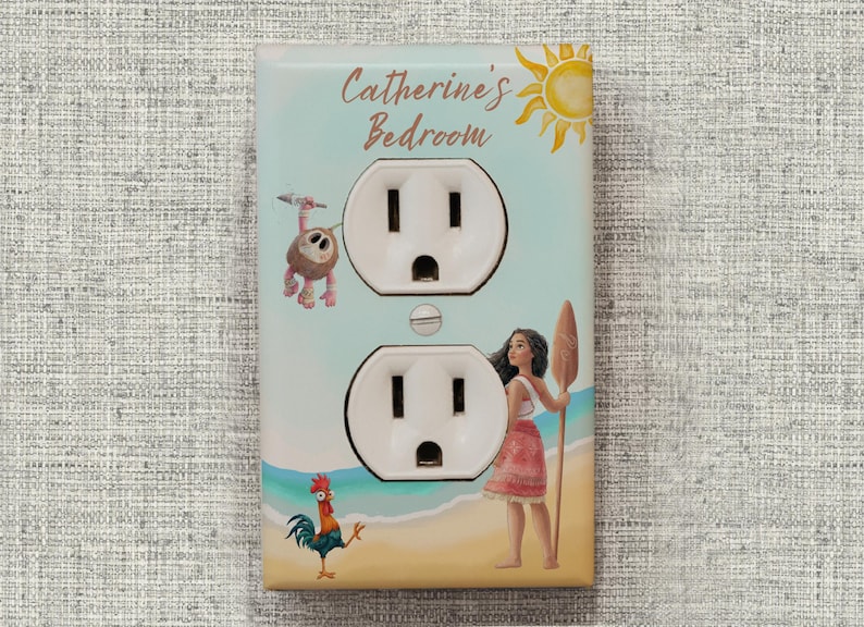 May include: A rectangular light switch wall plate featuring a light blue and sandy beach background with a sun graphic, a cartoon coconut character, a rooster, and a female character holding a wooden paddle, with the text Catherine's Bedroom.