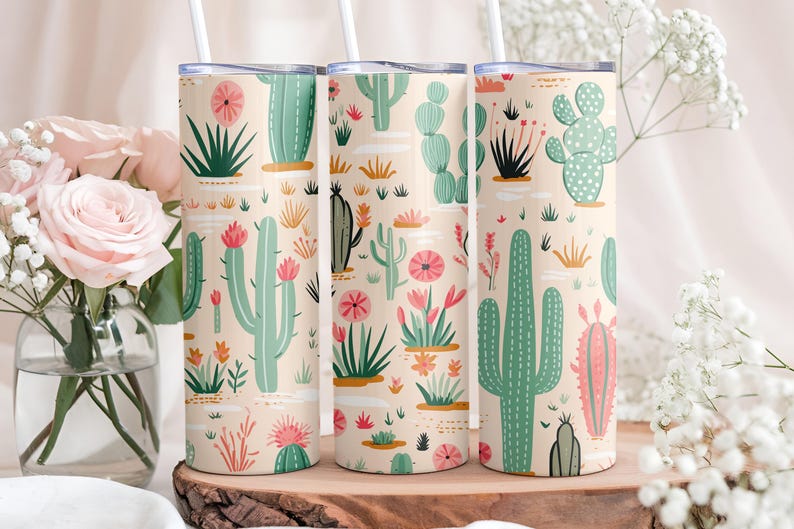 May include: Three cylindrical tumblers with lids and straws, featuring a repeating pattern of various green cacti and pink flowers on a light beige background. The design includes saguaro, prickly pear, and barrel cacti in shades of green.