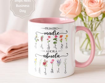 Taza Abuela con Flor de Nacimiento, Regalo para la Primera Madre, Ahora Abuela, Nombres Personalizados, Taza de Café de 325 ml