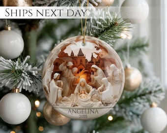 Adorno navideño de cerámica personalizado de la Natividad, regalo de decoración religiosa (redondo de 7,6 cm)