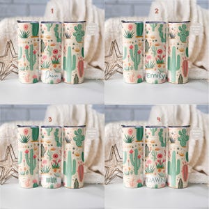 May include: Four sets of three cylindrical tumblers featuring a repeating cactus and succulent pattern in shades of green, pink, and orange on a cream background. Each set displays a different name in script or block lettering on the center tumbler.