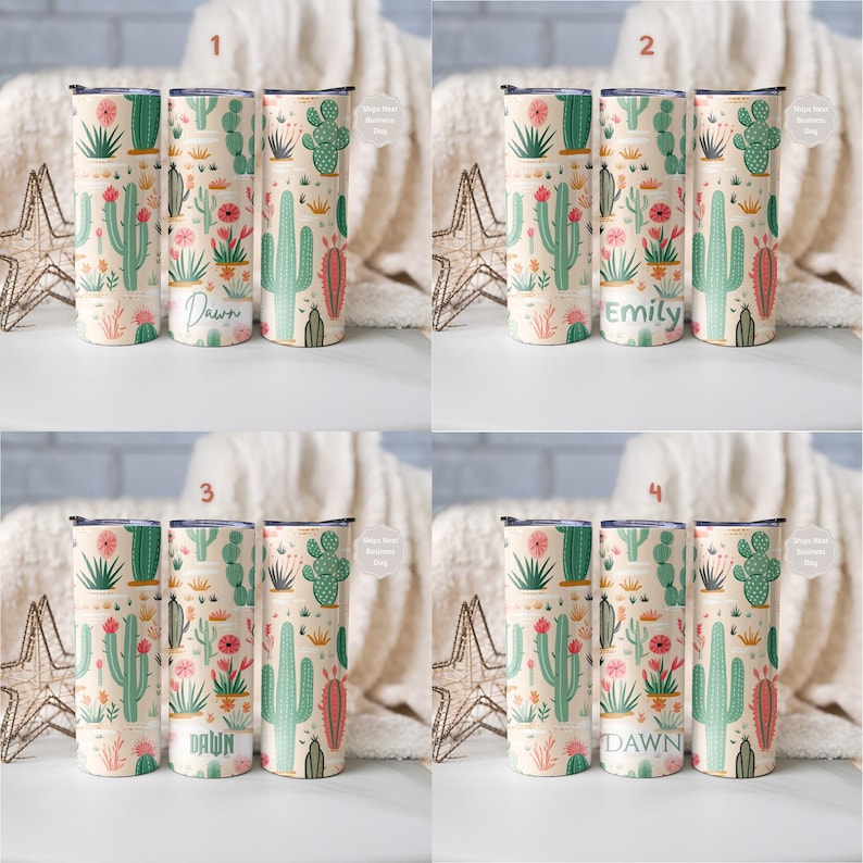 May include: Four sets of three cylindrical tumblers featuring a repeating cactus and succulent pattern in shades of green, pink, and orange on a cream background. Each set displays a different name in script or block lettering on the center tumbler.
