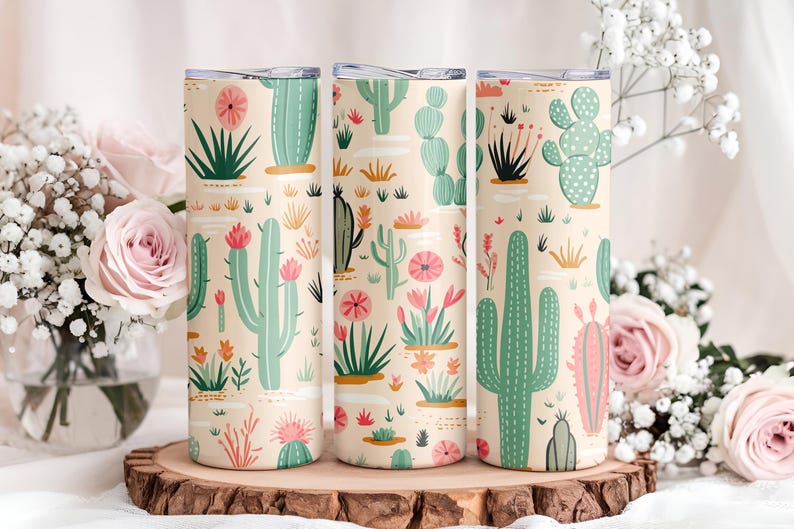 May include: Three cylindrical tumblers with a light beige background featuring a repeating pattern of various green cacti and succulents in shades of sage and emerald, accented with small pink and orange desert flowers and subtle white brushstrokes.