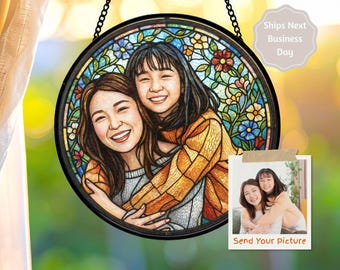 Sun Catcher Mom Daughter Gift, Custom Floral Stained Glass Portrait, Photo Window Art