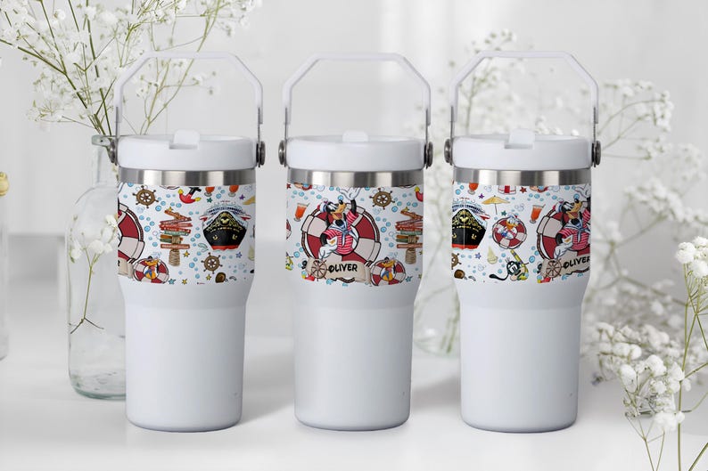 May include: Three white insulated tumblers with a nautical-themed design. The design includes cartoon characters, ships, life preservers, and the name "Oliver". Each tumbler has a white handle and lid.