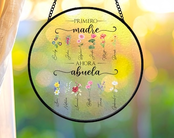 Geschenk für Abela, personalisierte Spanische Geburtsblume Suncatcher | Fensterbild mit individuellen Namen