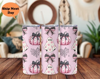 Pinker Halloween-Becher, Retro Kürbis-Geist-Design, 20 Unzen Edelstahl