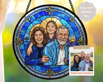 Fotoornament Sun Catcher, aangepaste aquarel portret gebrandschilderd glasstijl, cadeau voor grootouders, aandenken
