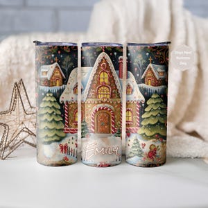 Vaso navideño de acero inoxidable de 20 oz con diseño de casa de jengibre, ideal como regalo de Navidad.
