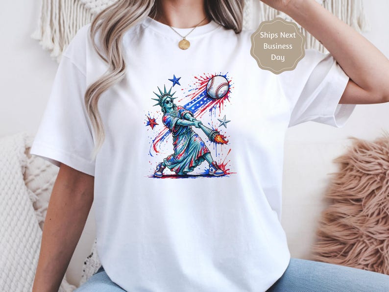 Baseball Cotton Shirt Patriotic 4th of July Tee