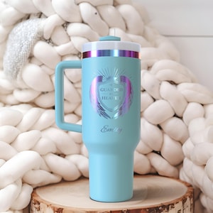 Personalized Guarded by Heaven 40oz Tumbler | Angel Wings Shield Custom Name | Faith Handle Gift Turquoise