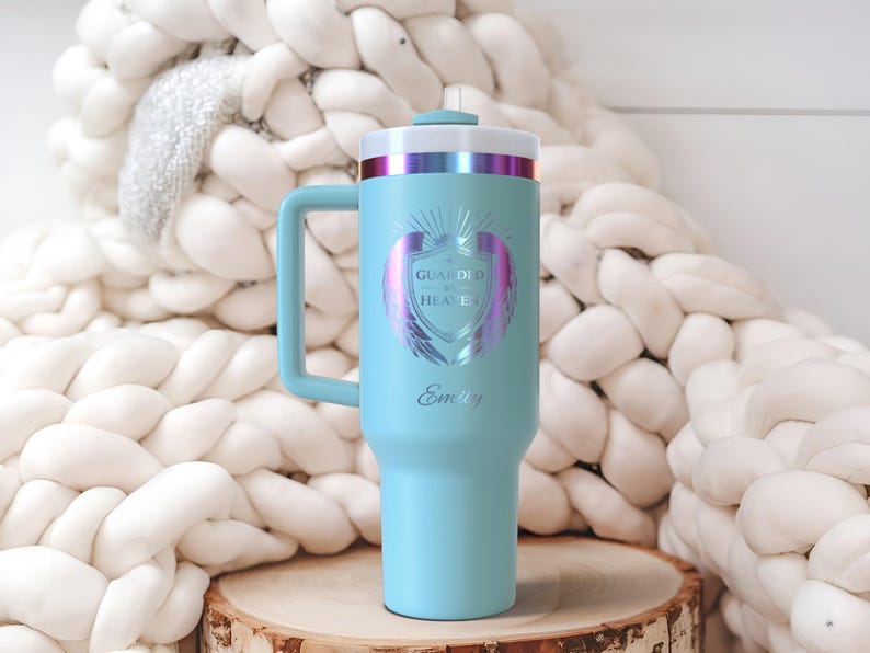 Personalized Guarded by Heaven 40oz Tumbler | Angel Wings Shield Custom Name | Faith Handle Gift Turquoise