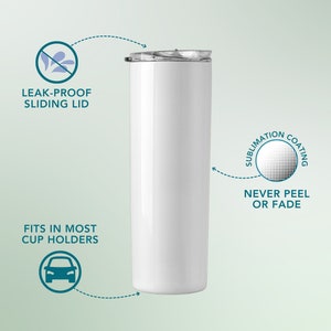 Puede incluir: Un vaso de acero inoxidable blanco con una tapa deslizante. El vaso es a prueba de fugas y cabe en la mayor&iacute;a de los portavasos. El vaso tiene un revestimiento de sublimaci&oacute;n que nunca se despegar&aacute; ni se desvanecer&aacute;.