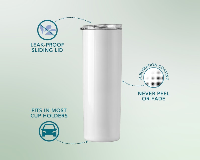 Puede incluir: Un vaso de acero inoxidable blanco con una tapa deslizante. El vaso es a prueba de fugas y cabe en la mayor&iacute;a de los portavasos. El vaso tiene un revestimiento de sublimaci&oacute;n que nunca se despegar&aacute; ni se desvanecer&aacute;.