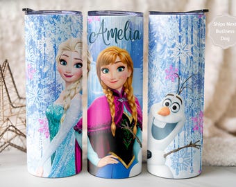 Vaso personalizado de acero inoxidable de 20 oz con el nombre de la princesa Disney Elsa y Anna. Regalo personalizado.