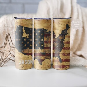 Personalized USA Map Flag Gift Tumbler | Vintage American 20oz Skinny Cup | Patriotic