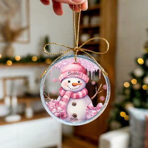 Custom Pink Snowman Ceramic Christmas Ornament - Personalized Holiday Winter Gift