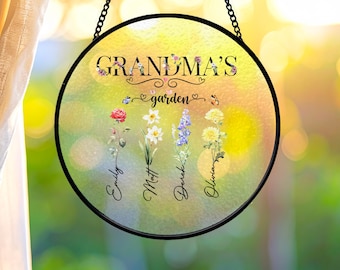 Birth Flower Gift | Grandma's Garden Suncatcher with Kids Names | Custom Mama Decor