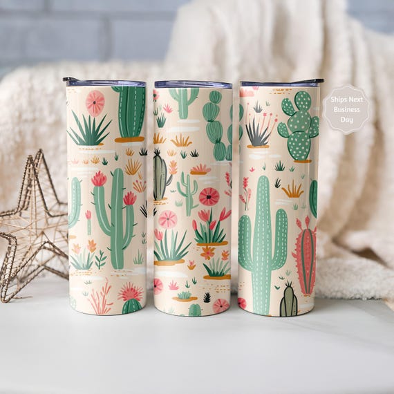 Cactus Lover Gift, Personalized Floral Tumbler, Botanical Plant Cup, Custom Insulated Skinny with Straw