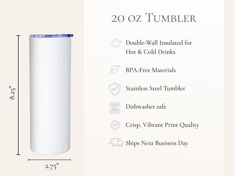 K&ouml;nnte beinhalten: Ein wei&szlig;er 20 oz Becher mit blauem Deckel. Der Becher ist 21 cm hoch und 7 cm breit. Text auf dem Bild lautet: Doppelwandig isoliert, BPA-frei, Edelstahl, sp&uuml;lmaschinenfest und Crisp Print Quality.