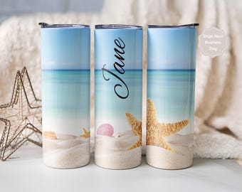 Beach Tumbler 20oz Stainless Steel Personalized Ocean Cup with Name for Vacation, Nautical, Starfish