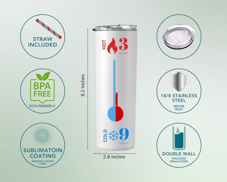May include: White stainless steel tumbler with a temperature gauge showing it can keep drinks hot for 3 hours and cold for 9 hours. The tumbler is 8.2 inches tall and 2.8 inches wide. It includes a straw and has double wall vacuum insulation.