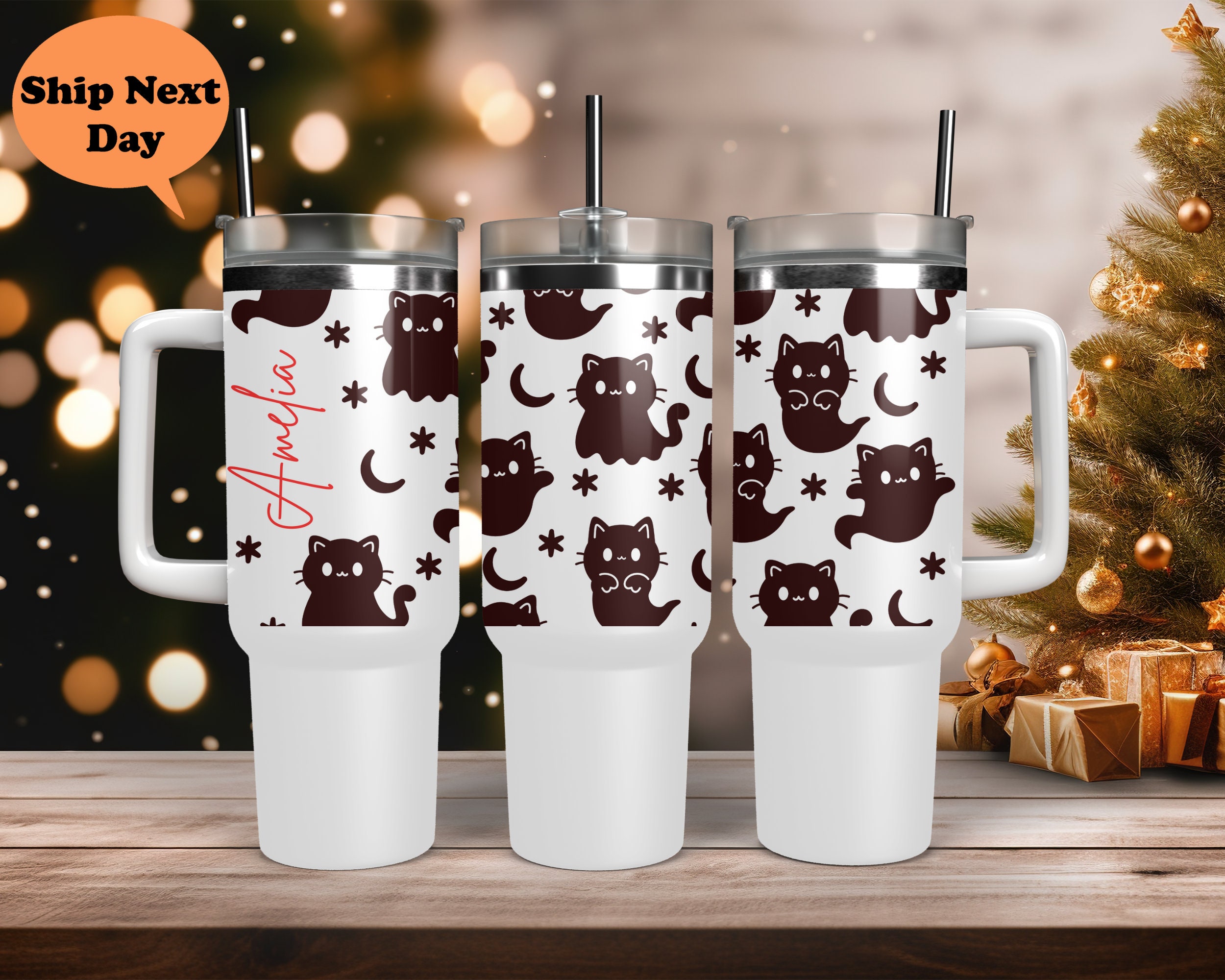 Halloween Custom Black Cat Tumbler 40 Unzen, Katzenbecher für Katzenliebhaber, Katzenliebhaber Geschenk, Halloween Becher für Katzenliebhaber, Halloween Geschenk Becher