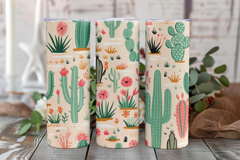 May include: Three cylindrical tumblers featuring a repeating pattern of various green cacti and pink desert flowers on a light beige background. Each tumbler has a flat lid and a smooth, straight-sided design with a consistent desert-themed print.