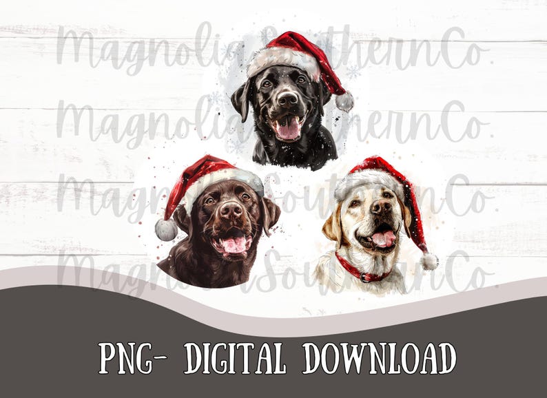 Pu&ograve; includere: Tre illustrazioni digitali di cani che indossano cappelli di Babbo Natale. I cani sono un labrador nero, un labrador marrone e un golden retriever. Lo sfondo &egrave; un motivo a legno bianco.