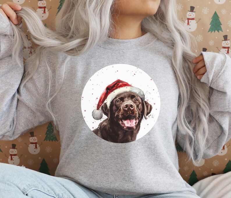 Pu&ograve; includere: Una felpa grigia con un design circolare bianco che presenta un Labrador Retriever marrone con un cappello da Babbo Natale rosso. Il cane guarda lo spettatore con la bocca aperta e la lingua di fuori.