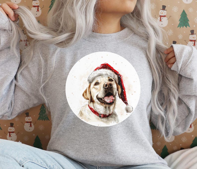 Pu&ograve; includere: Una felpa grigia con un design circolare bianco che presenta un labrador retriever giallo con un cappello di Babbo Natale rosso. Il cane sorride e indossa un collare rosso.