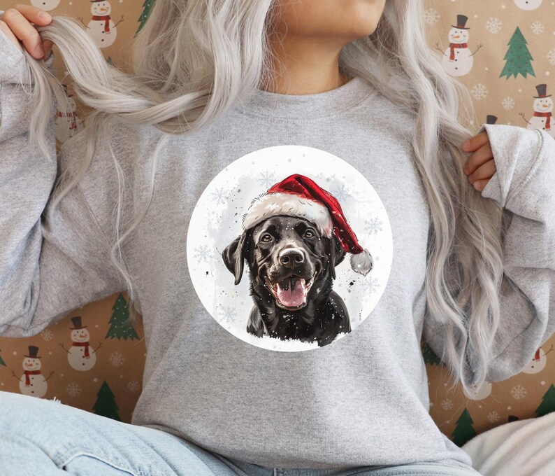 Pu&ograve; includere: Una felpa grigia con un Labrador Retriever nero che indossa un cappello da Babbo Natale rosso su uno sfondo bianco con fiocchi di neve. Il cane guarda la telecamera.