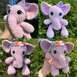 Soft crochet elephant stuffed plushie, flowers, bows, made to order