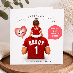 May include: A square greeting card featuring a cartoon illustration of a child sitting on a parent's shoulders. Both wear red shirts with white text reading DADDY 1 and AVA. A red heart balloon says #1 DAD. Text reads HAPPY BIRTHDAY DADDY and Love you always, Ava x.