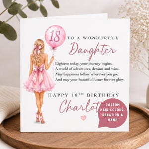 May include: A white greeting card featuring an illustration of a person in a pink dress holding a pink balloon with the number 18. The text reads: To a wonderful Daughter, Eighteen today, your journey begins, A world of adventures, dreams and wins.