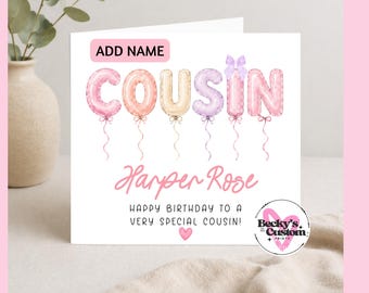 Personalised Cousin Birthday Card – Custom Name Birthday Card Cousin – Cute Balloon Name Card – Happy Birthday Cousin Card