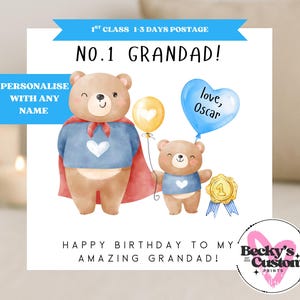 Grandad Birthday Card | No.1 Grandad Card | Cute Bear Birthday Card from Grandchild | Personalised Grandad Card | Birthday Keepsake