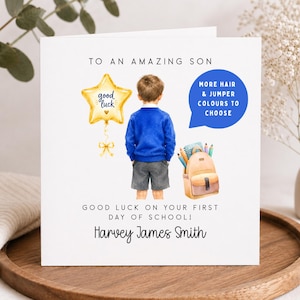 Personalised First Day of School Card for Son | Good Luck Starting School Card | Custom Hair & Jumper Colour | School Starter Card
