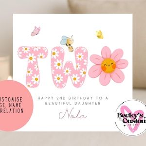 Personalised Pink 2nd Birthday Card For Little Girl - Floral 2nd Birthday Card For Daughter, Granddaughter, Niece, Sister - Daisy Card