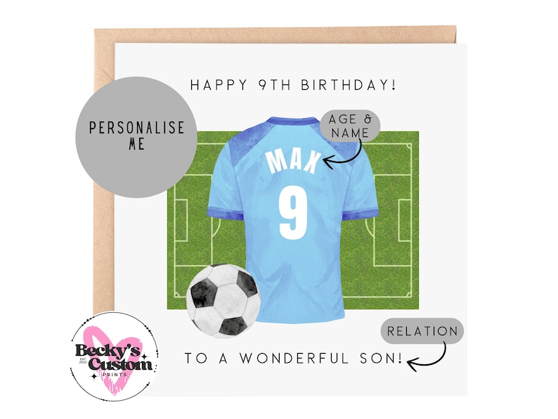 Personalised Birthday Football Card - For Son, Brother, Grandson, Nephew, Blue Football Card 5th 6th 7th 8th 9th 10th 11th image 2
