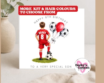 Personalised Football Birthday Card for Son | Custom Name & Age Card | Kids Football Kit Card | Any Colour Kit and Hair | Boys Birthday Card