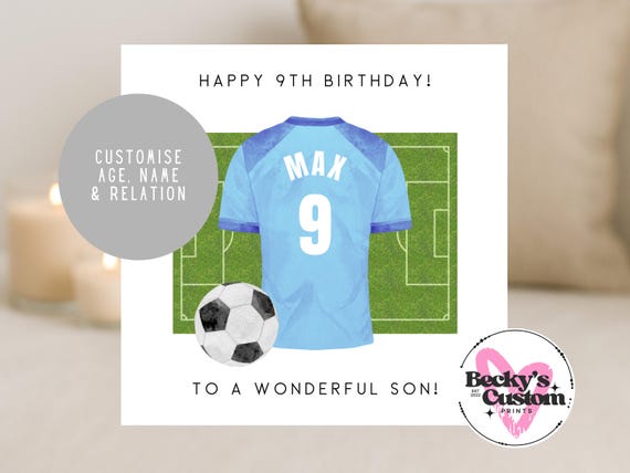Personalised Birthday Football Card - For Son, Brother, Grandson, Nephew, Blue Football Card 5th 6th 7th 8th 9th 10th 11th