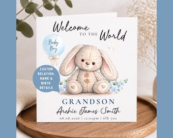 Personalised New Grandson Card | Welcome To The World Grandson | Baby Boy Congratulations Card | Custom Birth Details Card