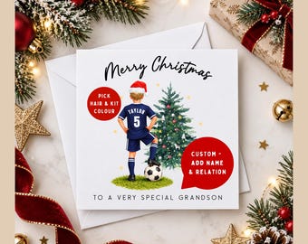 Personalised Football Christmas Card for Grandson | Footballer Christmas Card | Custom Name & Kit