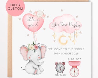 Può includere: Un biglietto d'annuncio di baby shower rosa e bianco con un'illustrazione ad acquerello di un elefante che tiene un palloncino a forma di cuore rosa che dice "It's a girl". Il biglietto include anche una nuvola rosa con il nome "Ellie Rose Hughes", una luna e stelle, e un orologio e una bilancia con i dettagli di nascita del bambino: "Benvenuto al mondo, 10 marzo 2025, 8 libbre 2 once, 05:13 AM".