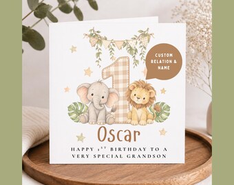 Personalised 1st Birthday Grandson Card, First Birthday Card for Grandson, 1 Year Old Boy, Baby Boy Birthday, Safari Animal Birthday Gift