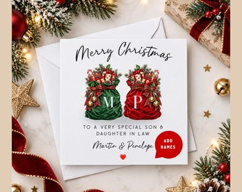 Personalised Son & Daughter in Law Christmas Card | Christmas Stocking Card | Custom Names