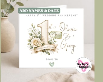 Personalised 1st Wedding Anniversary Card | Paper Anniversary Card | Mr & Mrs Name Date Card | First Anniversary Gift for Couple
