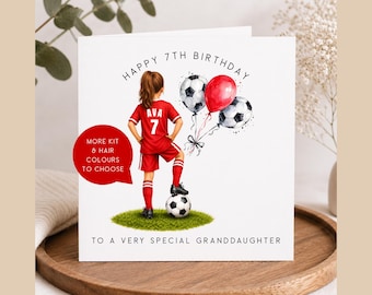 Personalised Girls Football Birthday Card, Red Football Kit Granddaughter Card, Soccer Birthday Card For Girls, Any Age Footballer Card